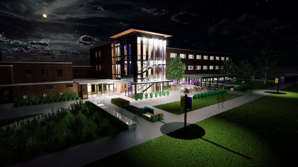 Goshen College Westlawn Nursing & Public Health facility at night